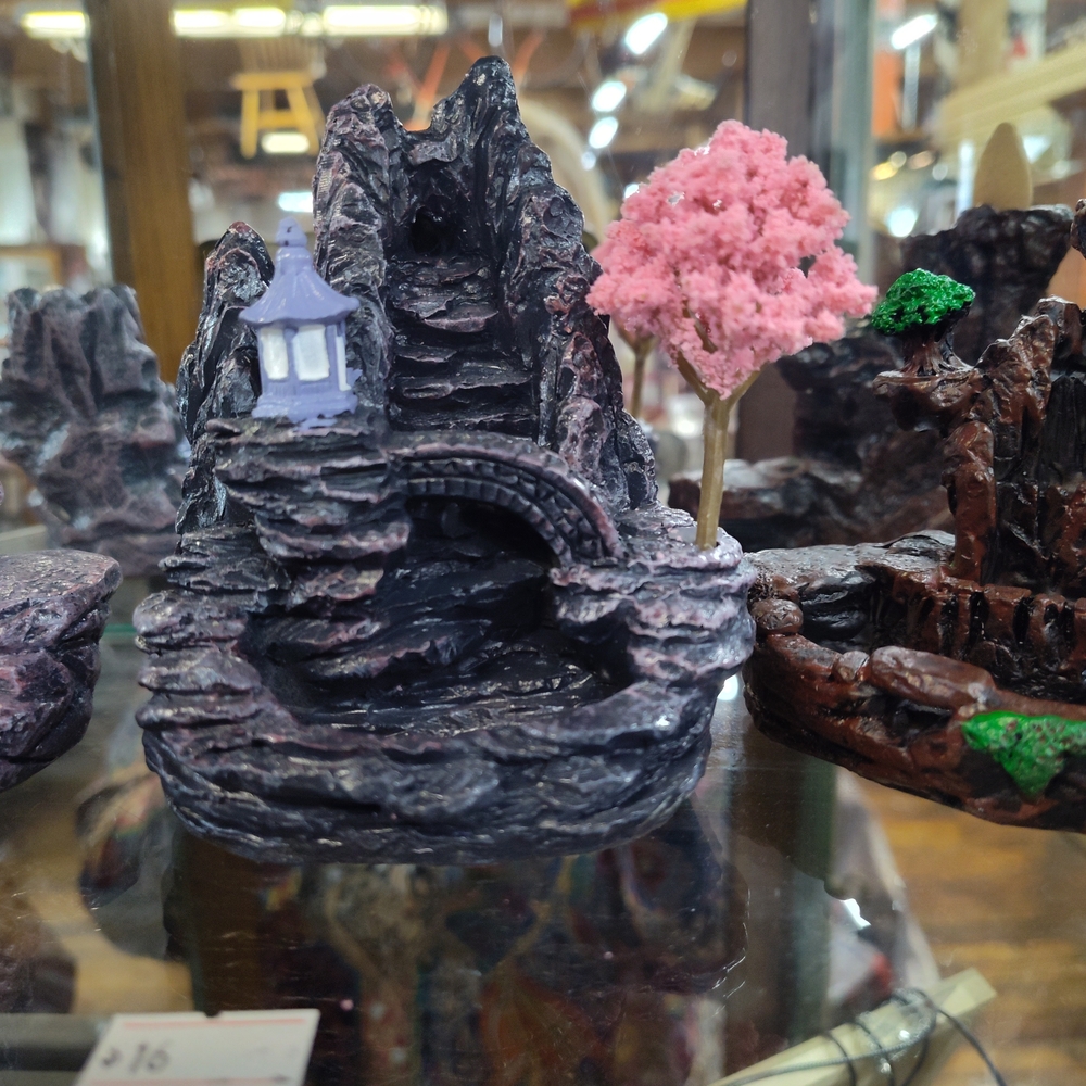 Miniature Rock Garden with Pink Tree and Bridge